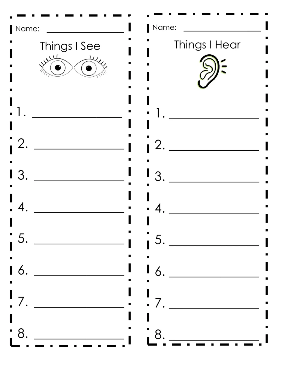 List-writing templates 19–20: Things I See and Things I Hear, each with room for eight entries.