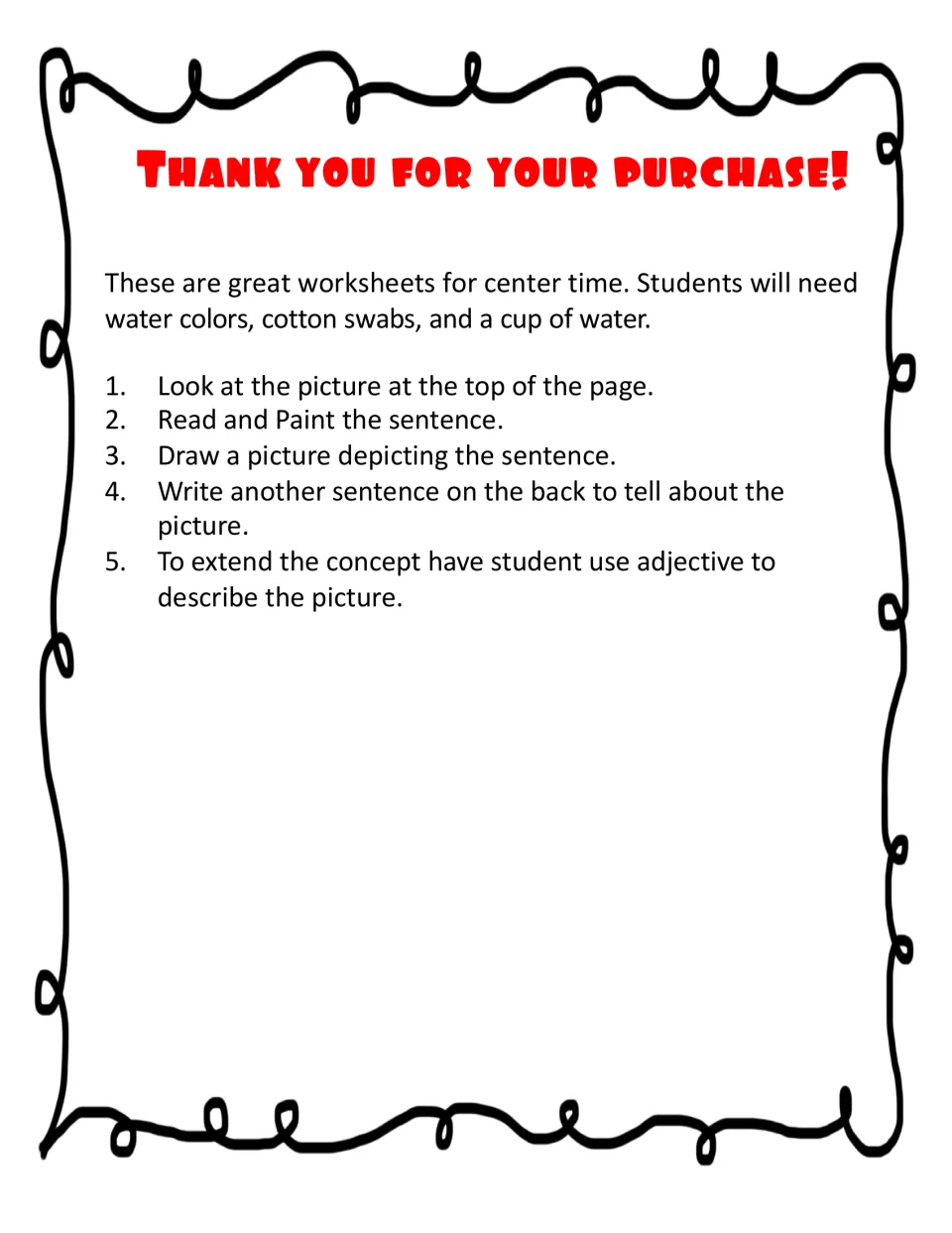 Teacher directions: students look at the picture, paint the sentence, draw it, then write another sentence on the back