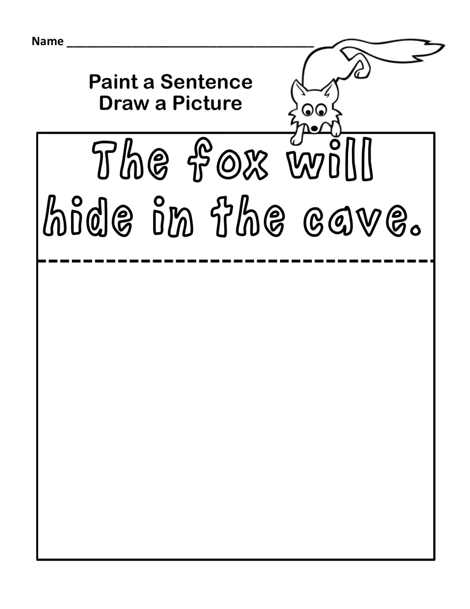 Paint a sentence: students paint over the bubble letters of 'The fox will hide in the cave.' and draw a picture of it
