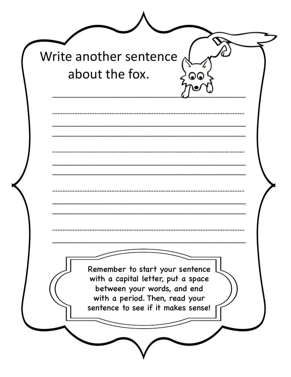Sentence writing about the fox: students write their own sentence, checking capitals, spacing and an ending period