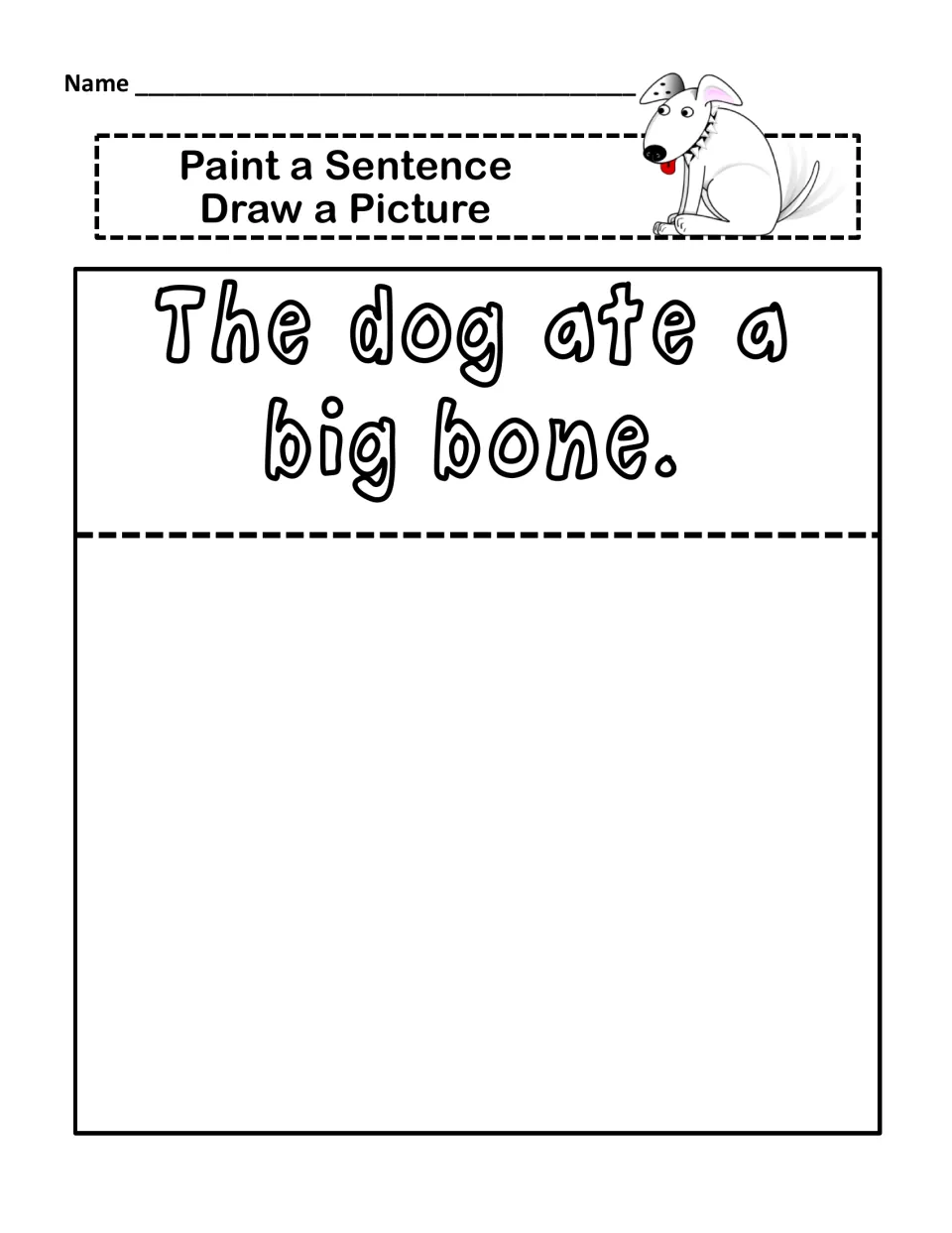 Paint a sentence: students trace 'The dog ate a big bone.' in paint, then draw a matching picture of the dog and bone