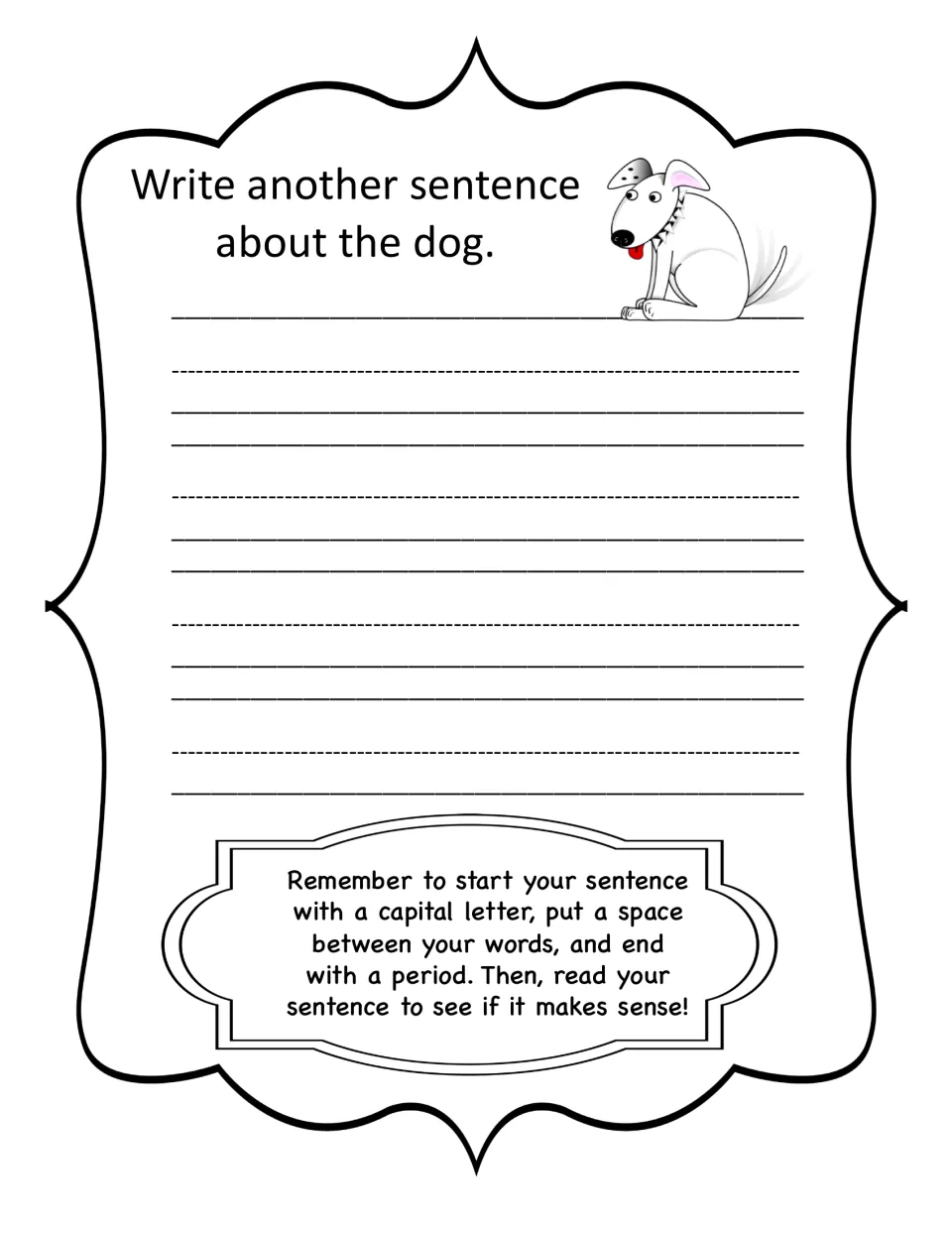 Sentence writing about the dog: students compose a new sentence and reread it to check it makes sense