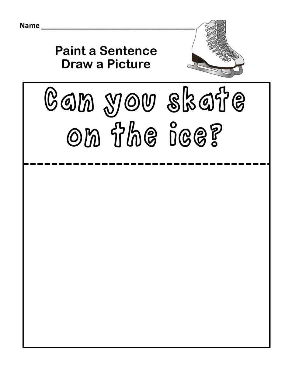 Paint a question: students paint the bubble letters of 'Can you skate on the ice?' and draw an ice-skating scene