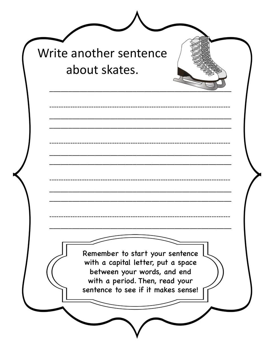 Sentence writing about skates: students write a sentence of their own using a capital letter, spaces and a period