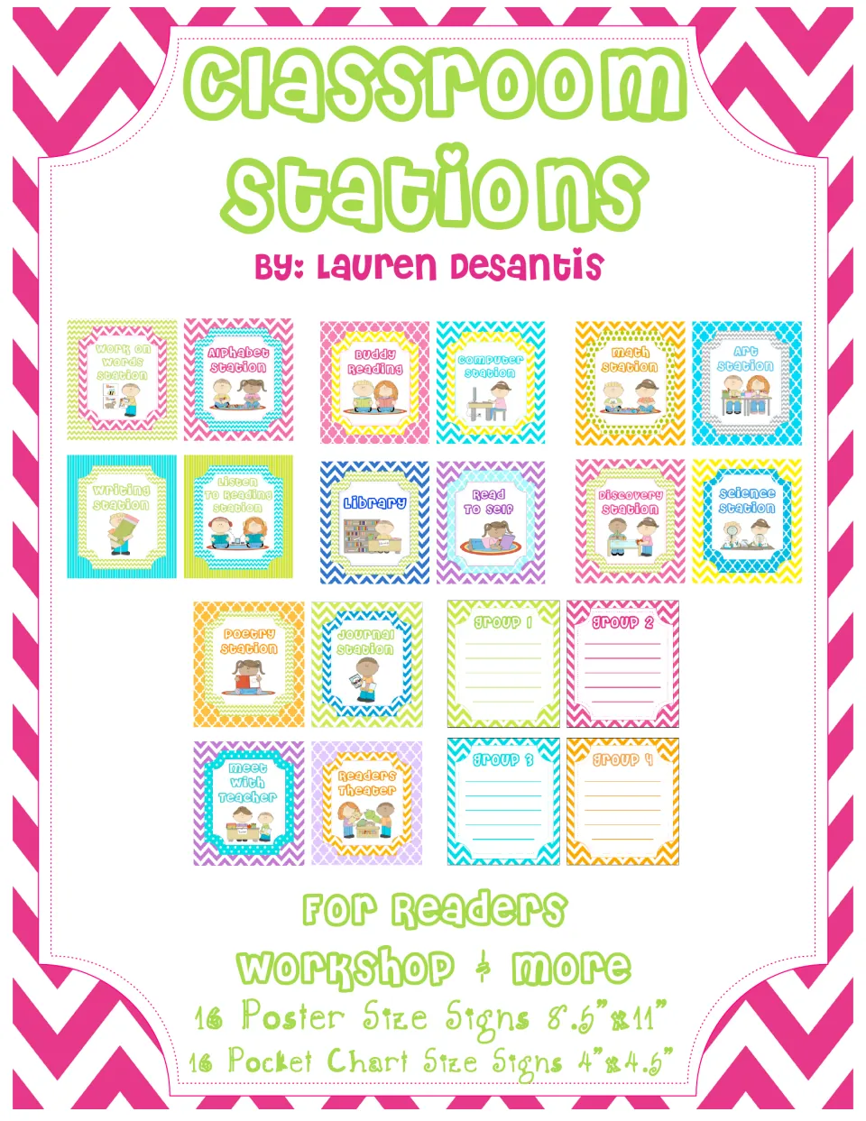 Classroom Stations cover for Readers Workshop: 16 poster signs and 16 pocket chart signs, including four group lists