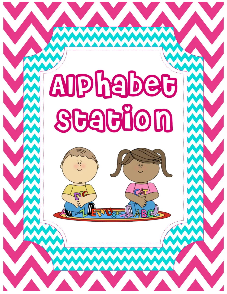 Alphabet Station sign: two children sit on a rug with scattered letters, including ABC and CAT, for letter practice