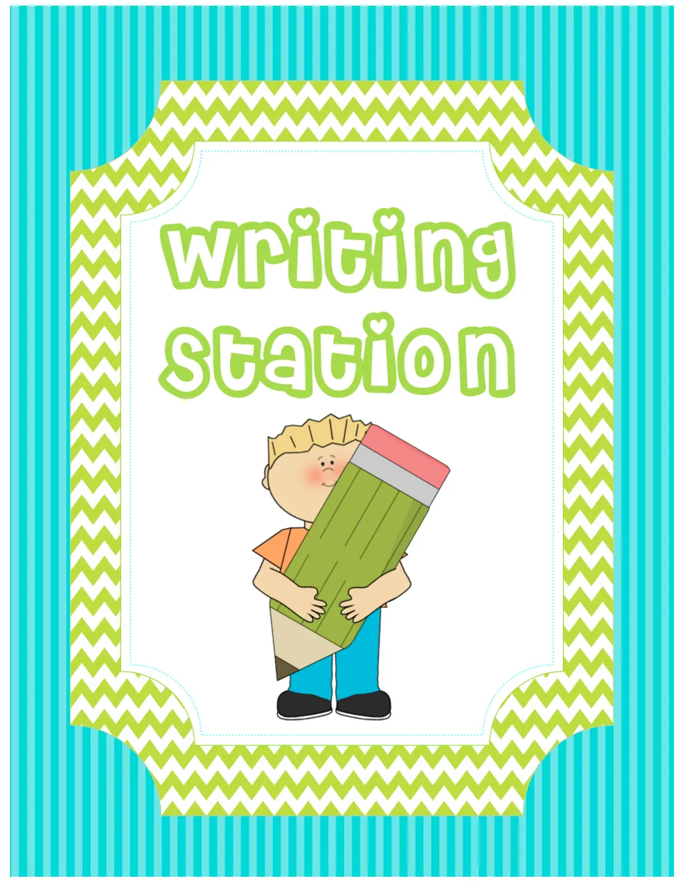 Writing Station sign: a boy hugs a giant green pencil, marking the area where students go to write during rotations