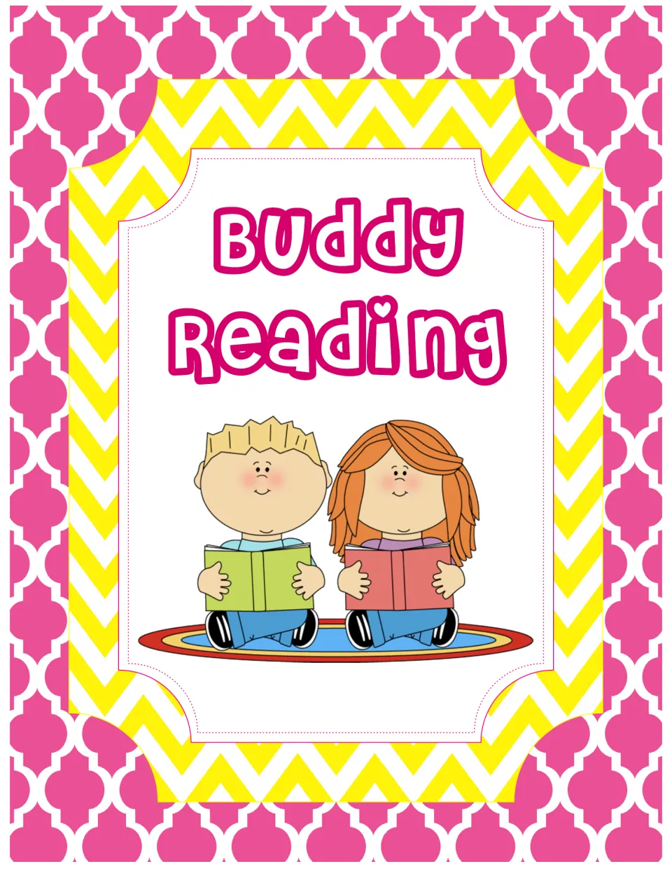 Buddy Reading sign: a boy and a girl sit side by side on a rug, each reading a book, for partner reading time