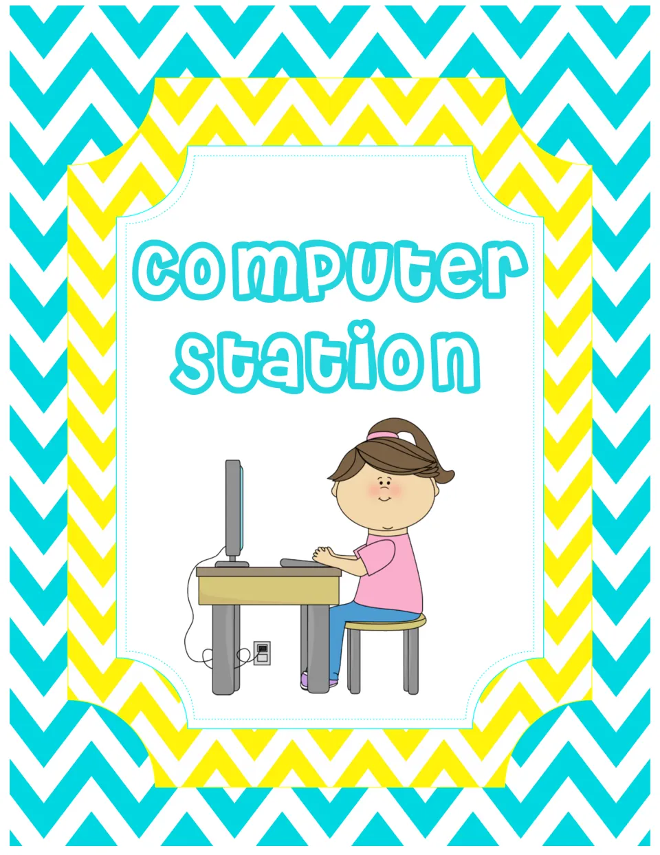 Computer Station sign: a girl sits on a stool typing at a desktop computer, marking the classroom technology spot
