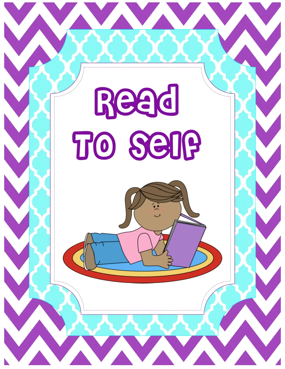 Read to Self sign: a girl lies on her stomach on a round rug reading a purple book on her own for independent reading