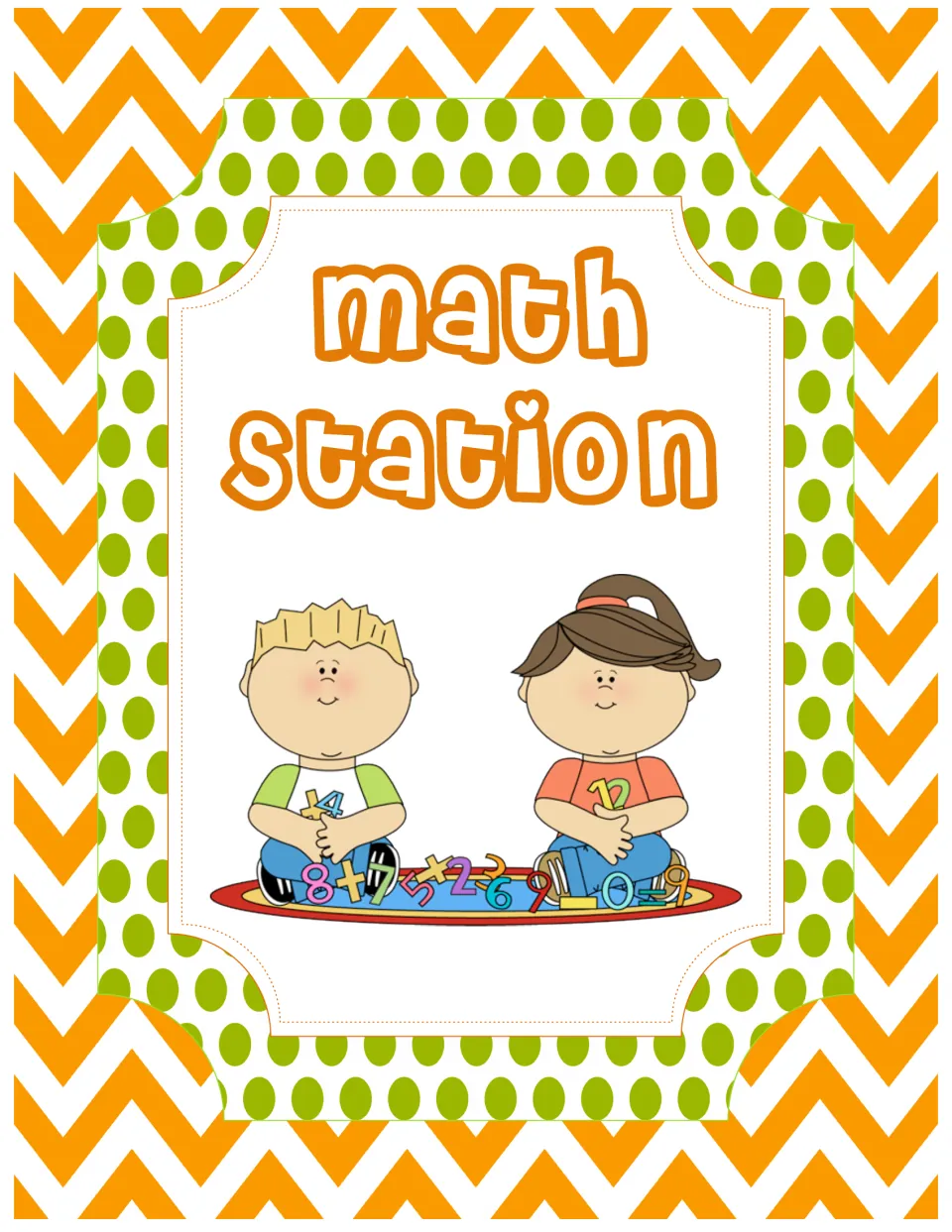 Math Station sign: two children sit on a rug surrounded by scattered numbers and plus and minus symbols for math practice