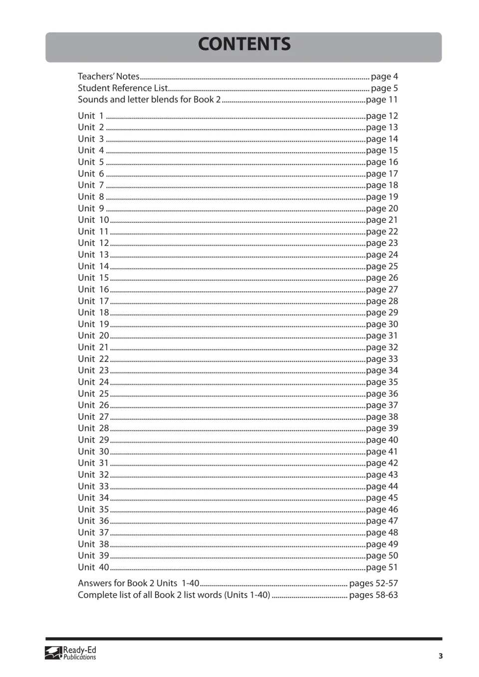 Contents: teachers' notes, reference list, Units 1–40 on pages 12–51, answers on pages 52–57 and the full word list