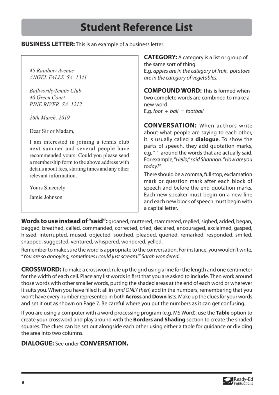 Reference list part 2: business letter, category, compound word, conversation, words to use instead of 'said'