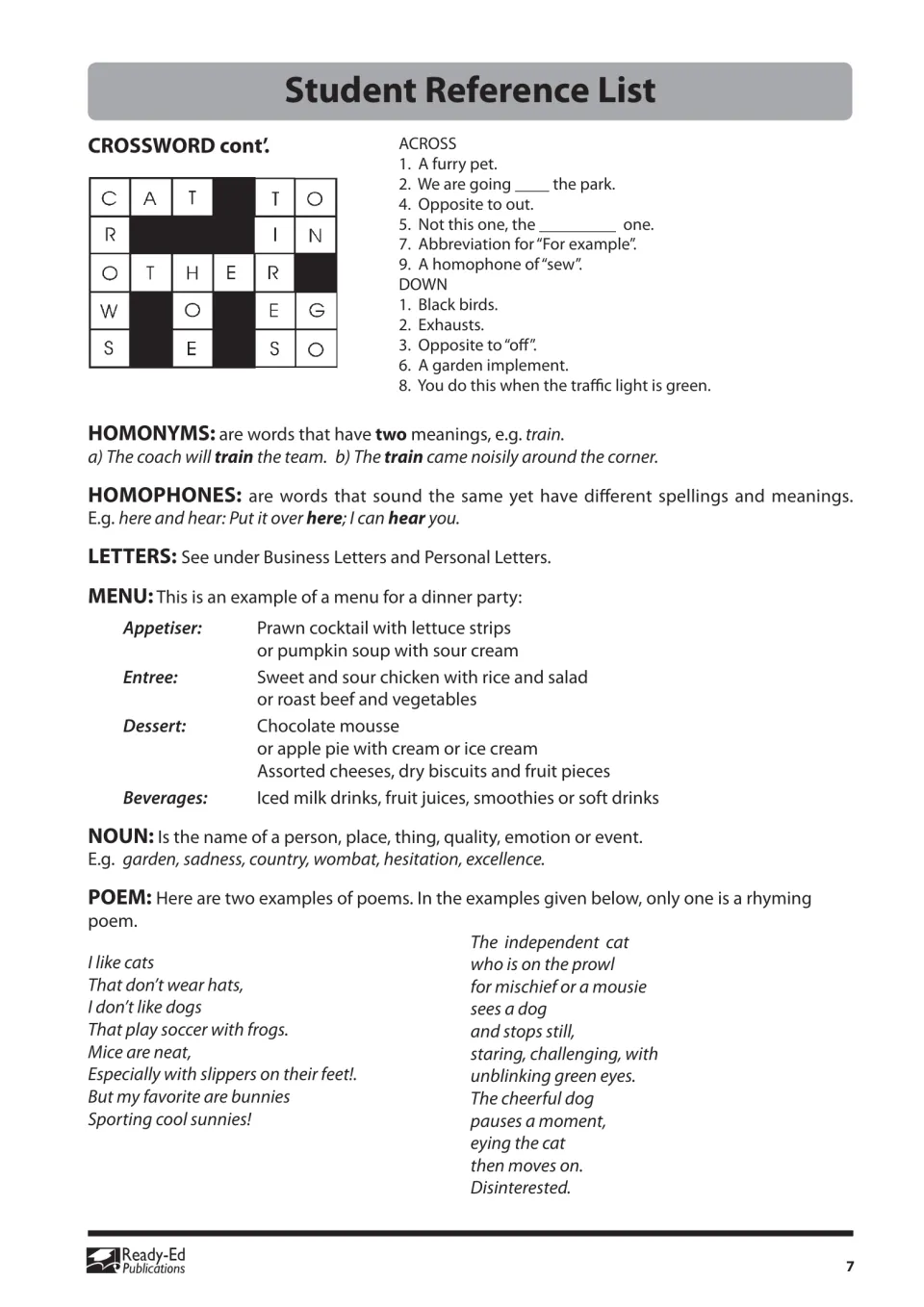 Reference list part 3: sample crossword with clues, homonyms, homophones, a dinner party menu and two example poems