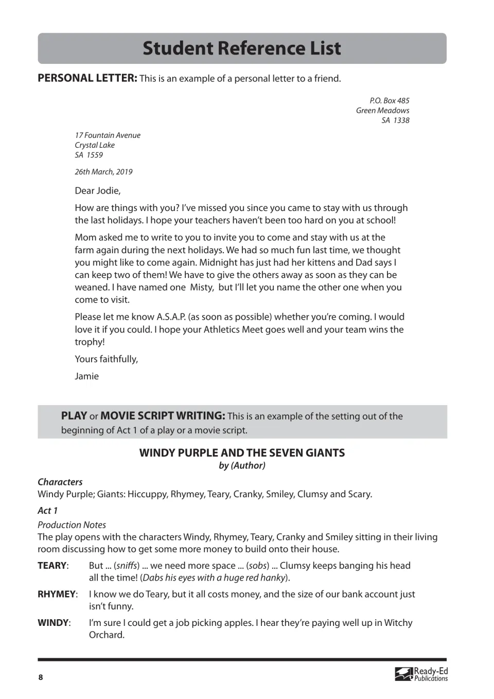 Reference list part 4: personal letter to Jodie and a play script sample, 'Windy Purple and the Seven Giants'