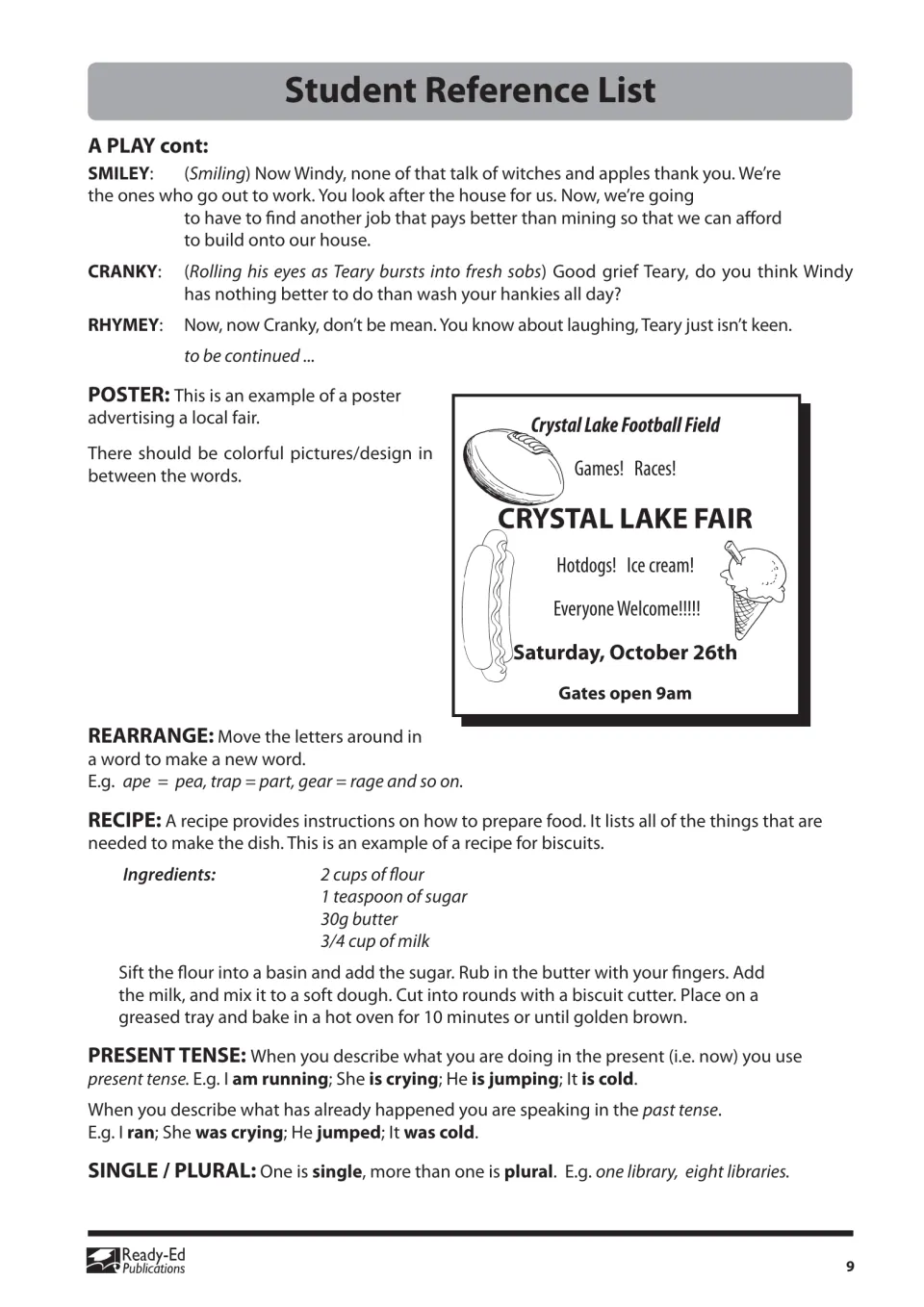 Reference list part 5: play script continued, Crystal Lake Fair poster, rearranging letters, recipe and verb tense