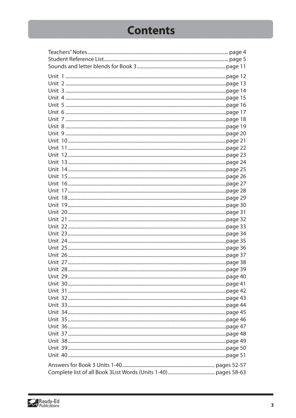 Contents: Teachers' Notes, Student Reference List, Units 1–40 on pages 12–51, answers on pages 52–57 and word lists
