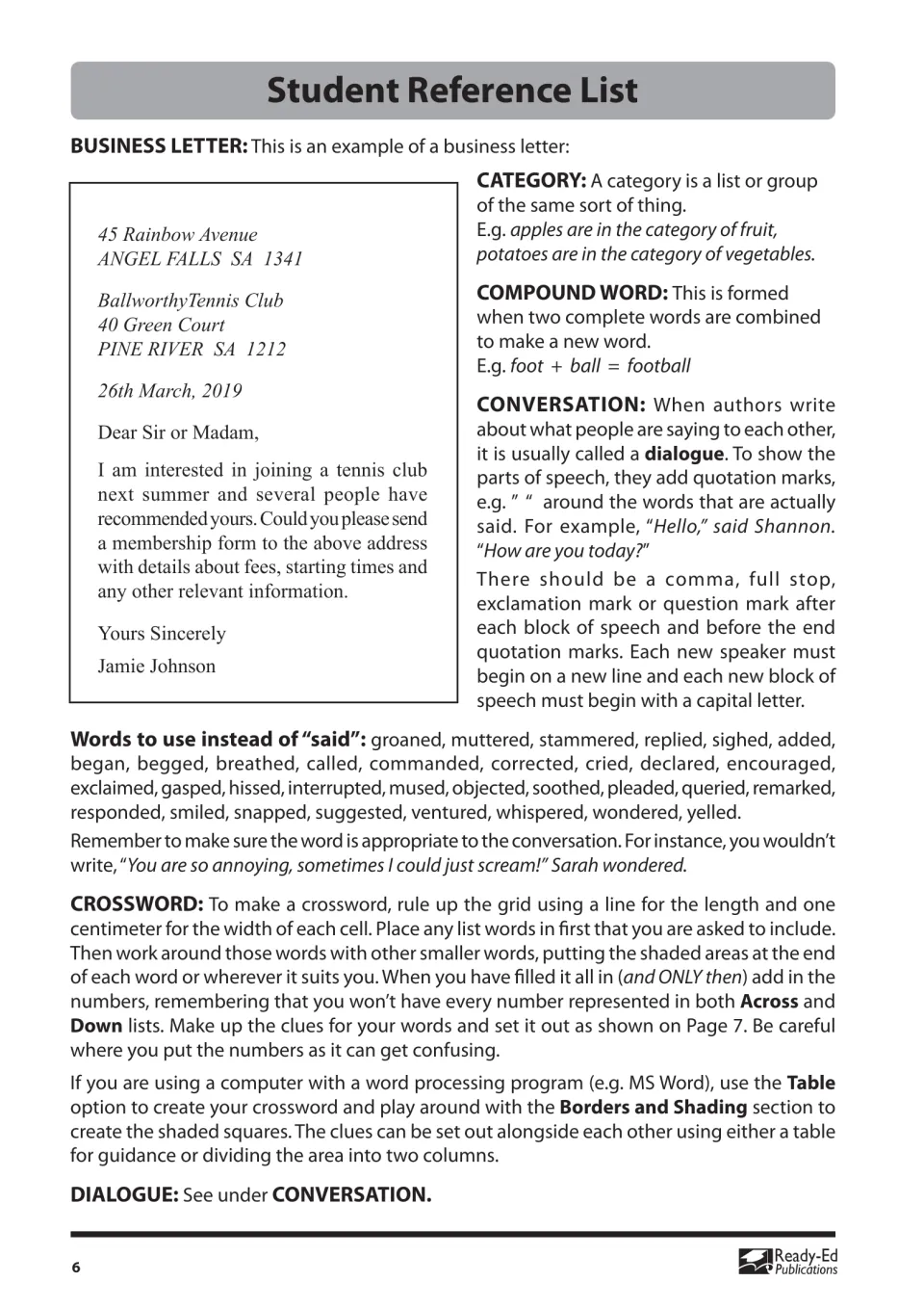 Reference list: sample business letter, category, compound word, dialogue, words to use instead of 'said'