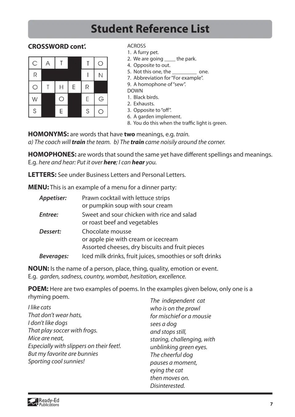 Reference list: sample crossword with clues, homonyms, homophones, a dinner-party menu, noun and two example poems