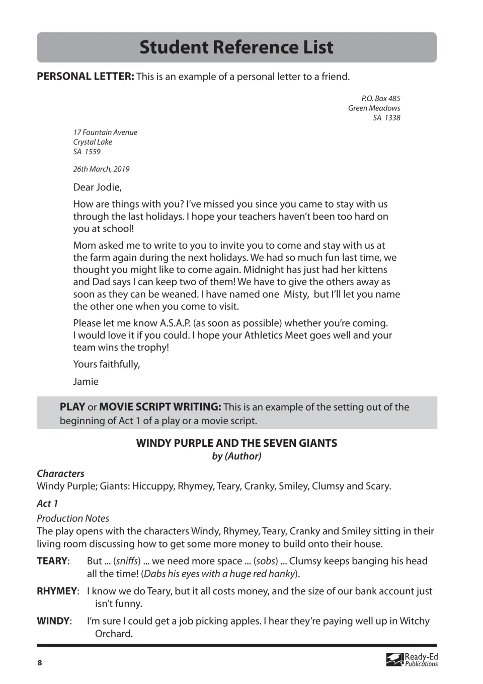 Reference list: a personal letter to Jodie and the opening of the play script 'Windy Purple and the Seven Giants'