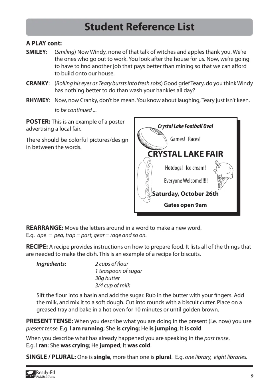 Reference list: the play continued, a Crystal Lake Fair poster, rearrange, a biscuit recipe, tenses, single/plural