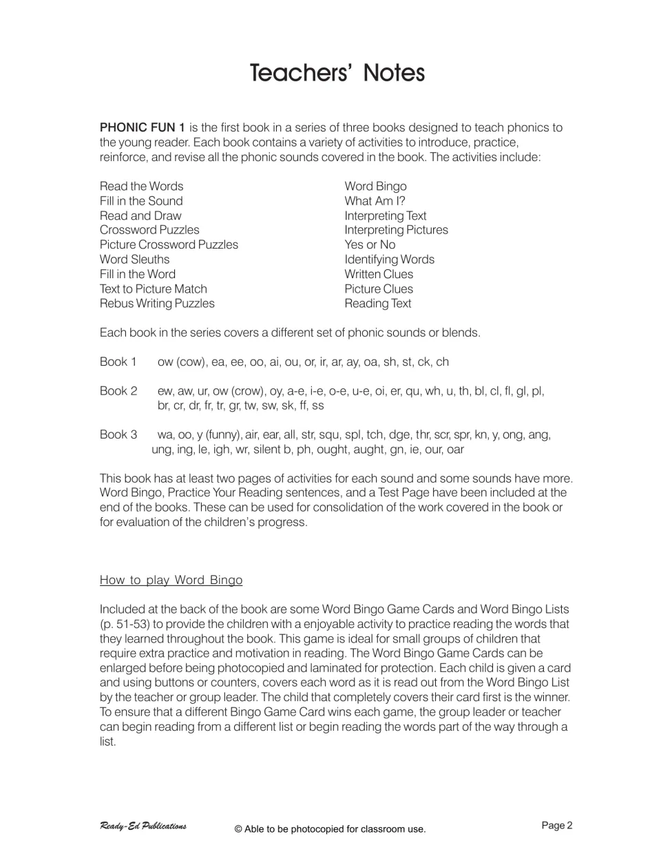Teacher notes list phonics activity types, sounds covered in three books, and instructions for word bingo.