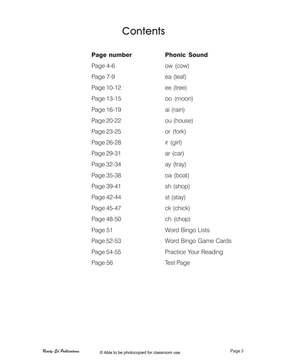 Contents lists page numbers for 15 phonics patterns, word bingo, reading practice, and the final test.
