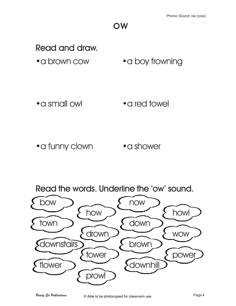 Opening ow practice asks readers to draw a brown cow and a small owl, then underline ow in words.