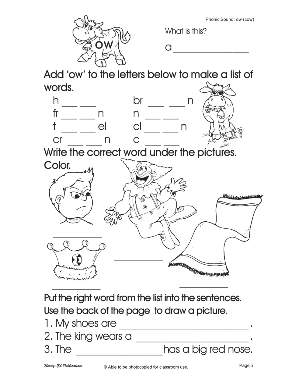 Second ow practice builds words, labels pictures of a frown, clown, crown, and towel, and completes sentences.