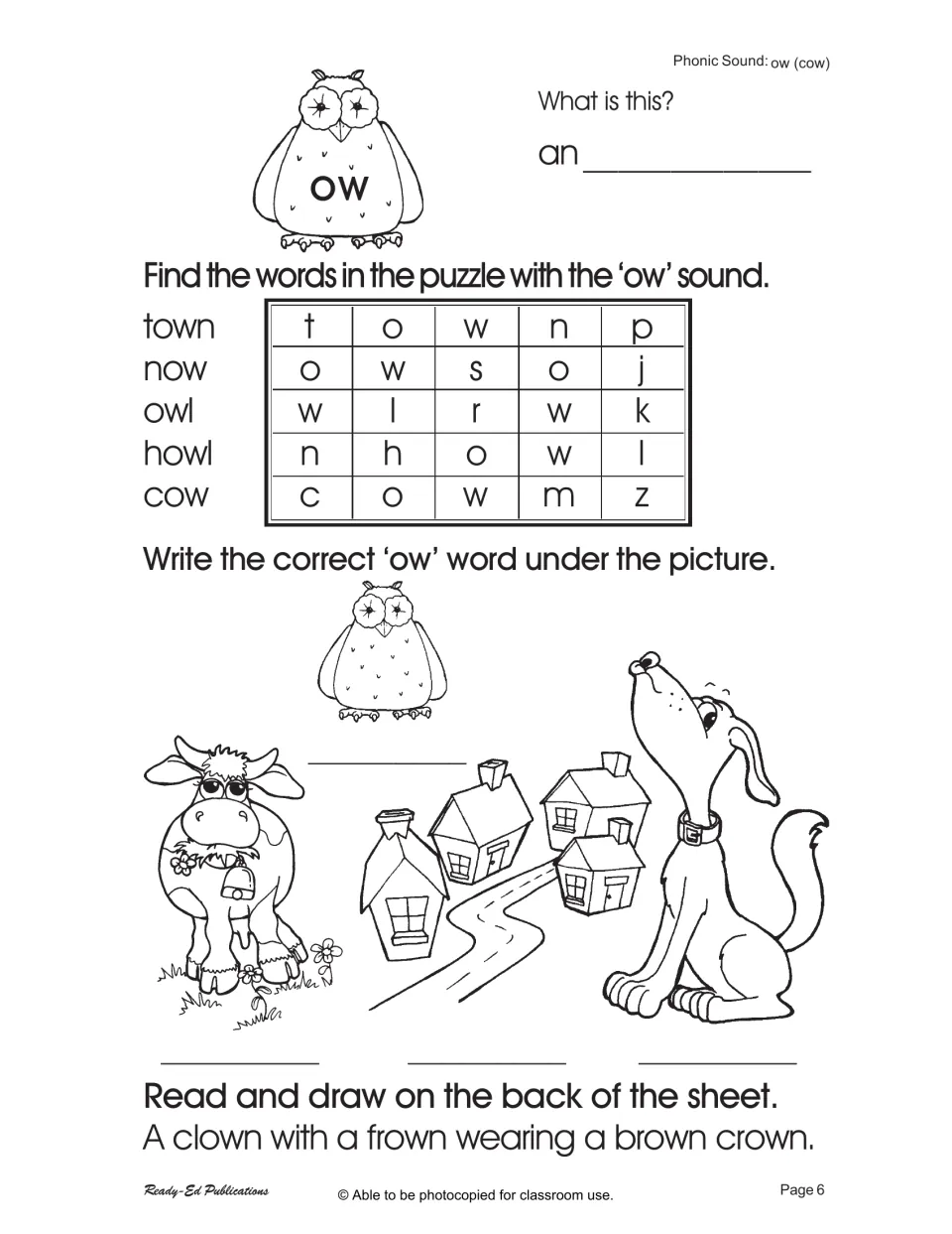 Third ow practice includes a word search for town, now, owl, howl, and cow, plus picture labeling and drawing.
