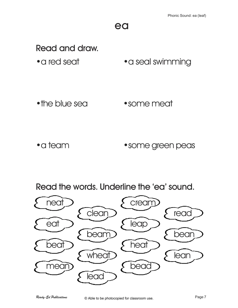 Opening ea practice asks readers to draw a red seat and a seal swimming, then underline ea in words.