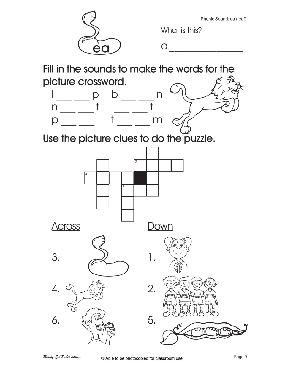 Third ea practice completes leap, bean, neat, eat, pea, and team, then uses picture clues for a crossword.