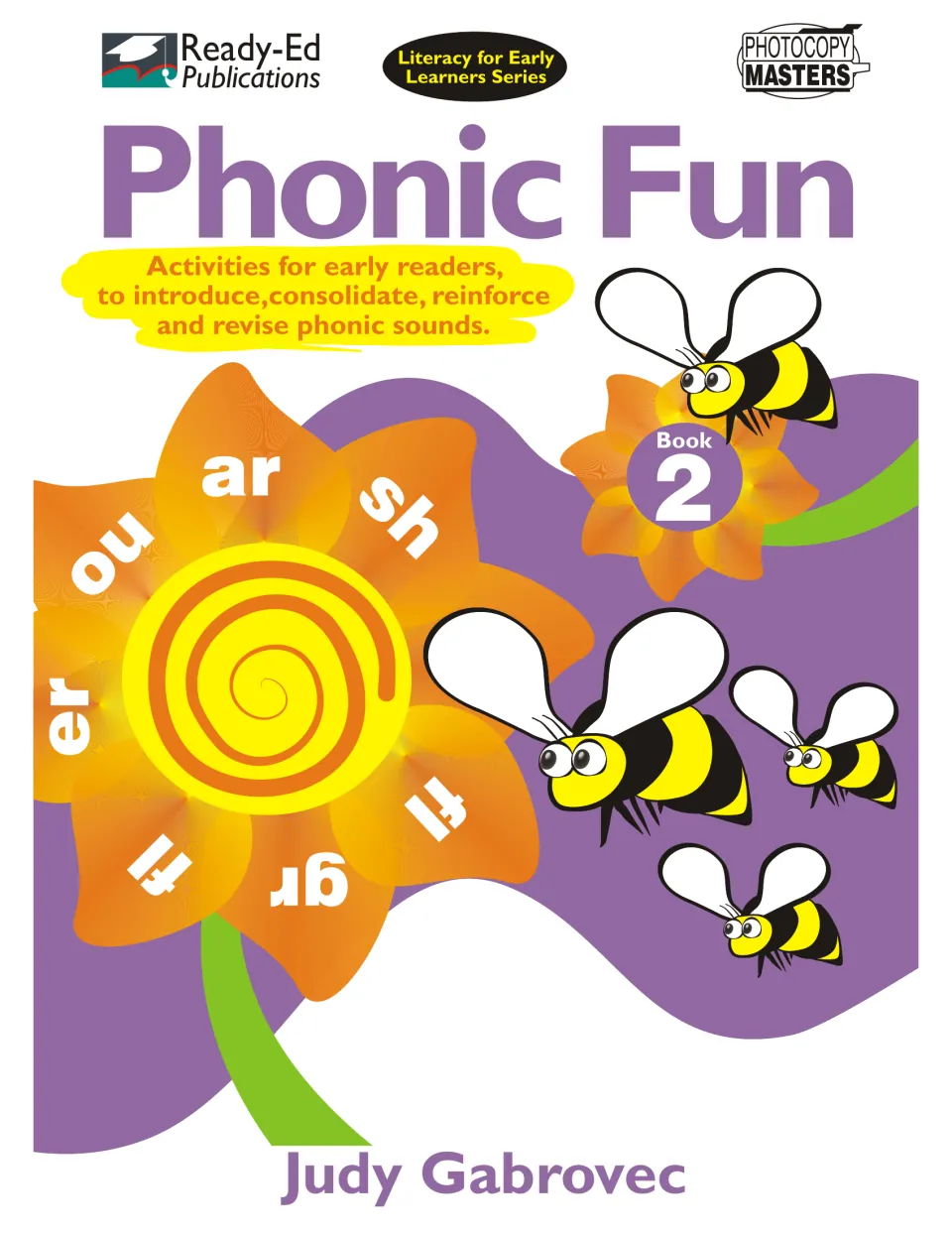 Phonic Fun Book 2 cover: activities for early readers on phonic sounds, with ar, sh, ou, er, gr and fl on flower petals