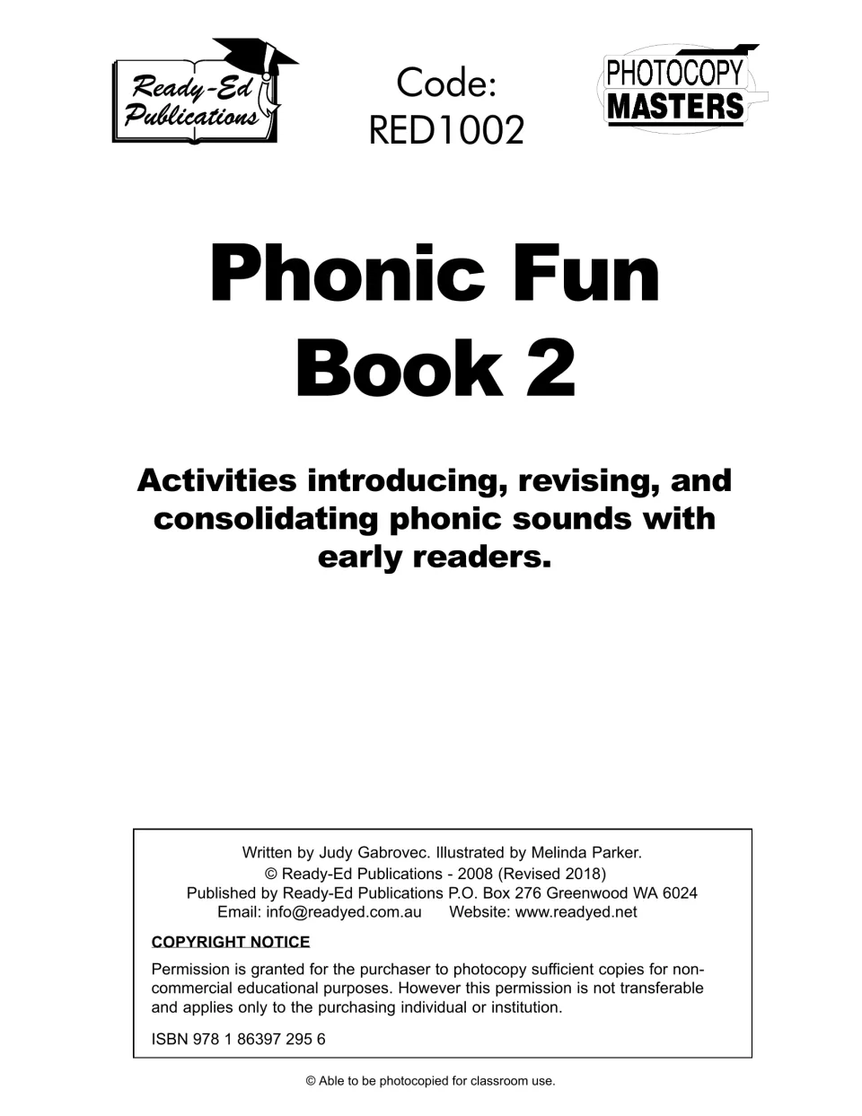 Title page for Phonic Fun Book 2 naming author and illustrator, with publisher details, ISBN and copyright notice