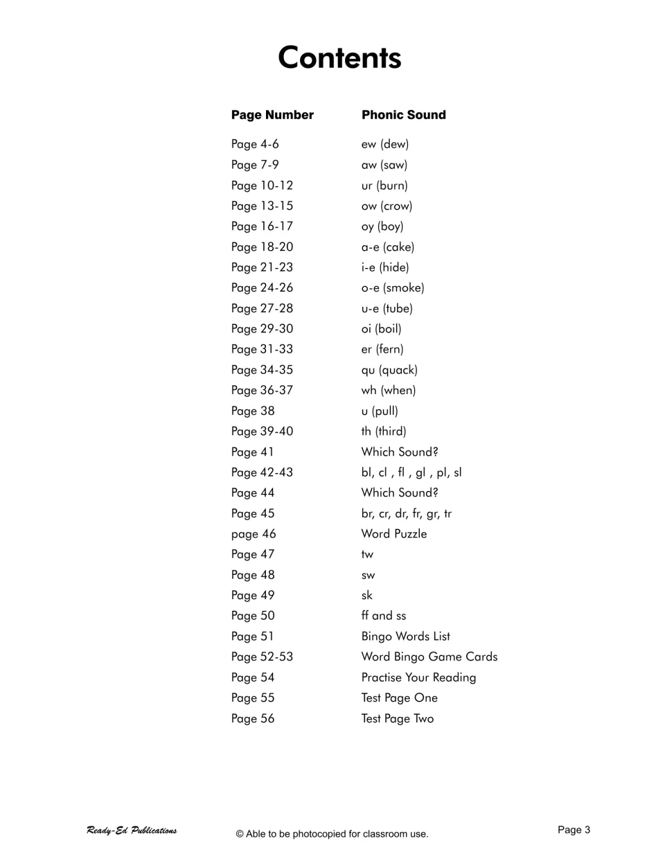Contents listing each phonic sound by page, from ew (dew) and aw (saw) through blends, Word Bingo and two test pages