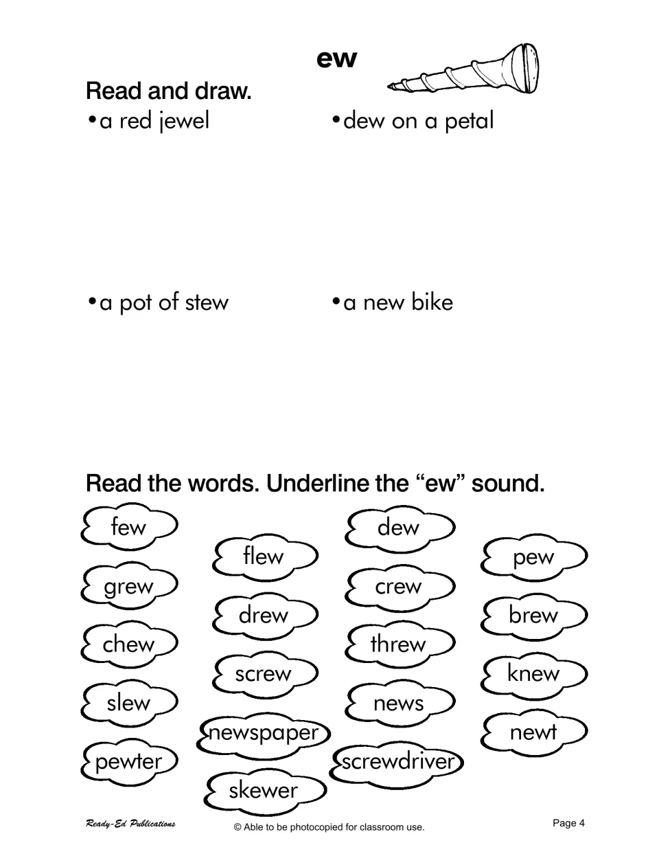 ew sound: students draw a red jewel, dew on a petal, stew and a new bike, then underline ew in words like flew and chew