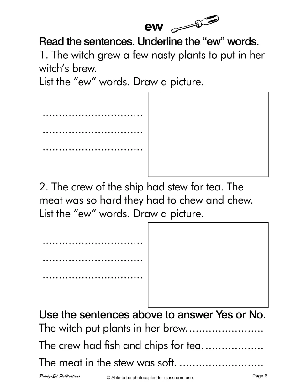 ew reading: students underline ew words in sentences about a witch's brew and a crew's stew, then answer yes or no