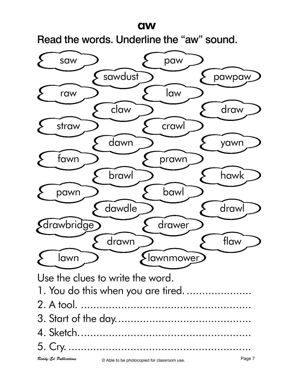 aw sound: students underline aw in words such as saw, claw, yawn and lawnmower, then write aw words for five clues