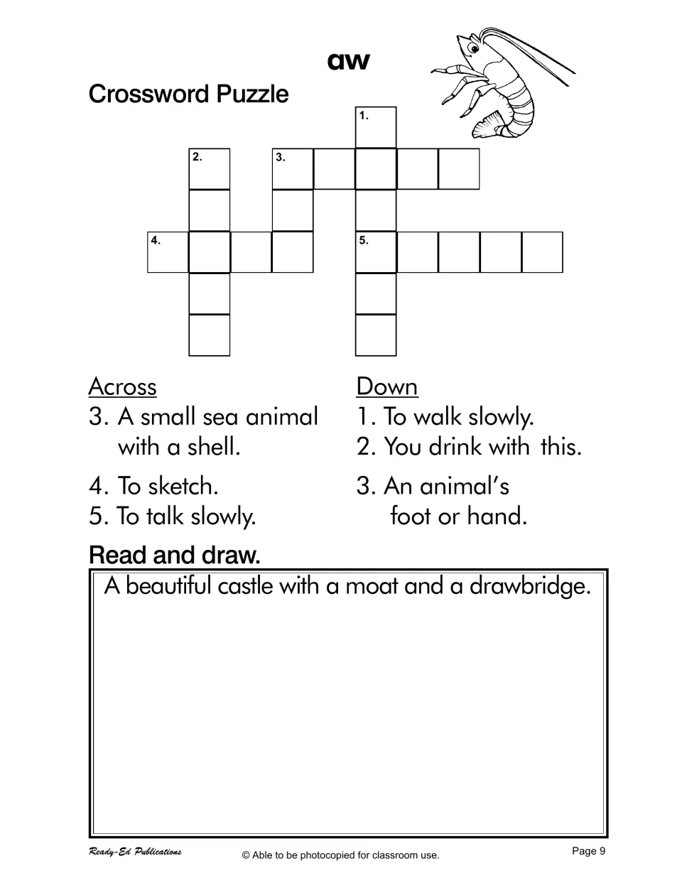 aw crossword: students solve clues like a small sea animal and to sketch, then draw a castle with a moat and drawbridge