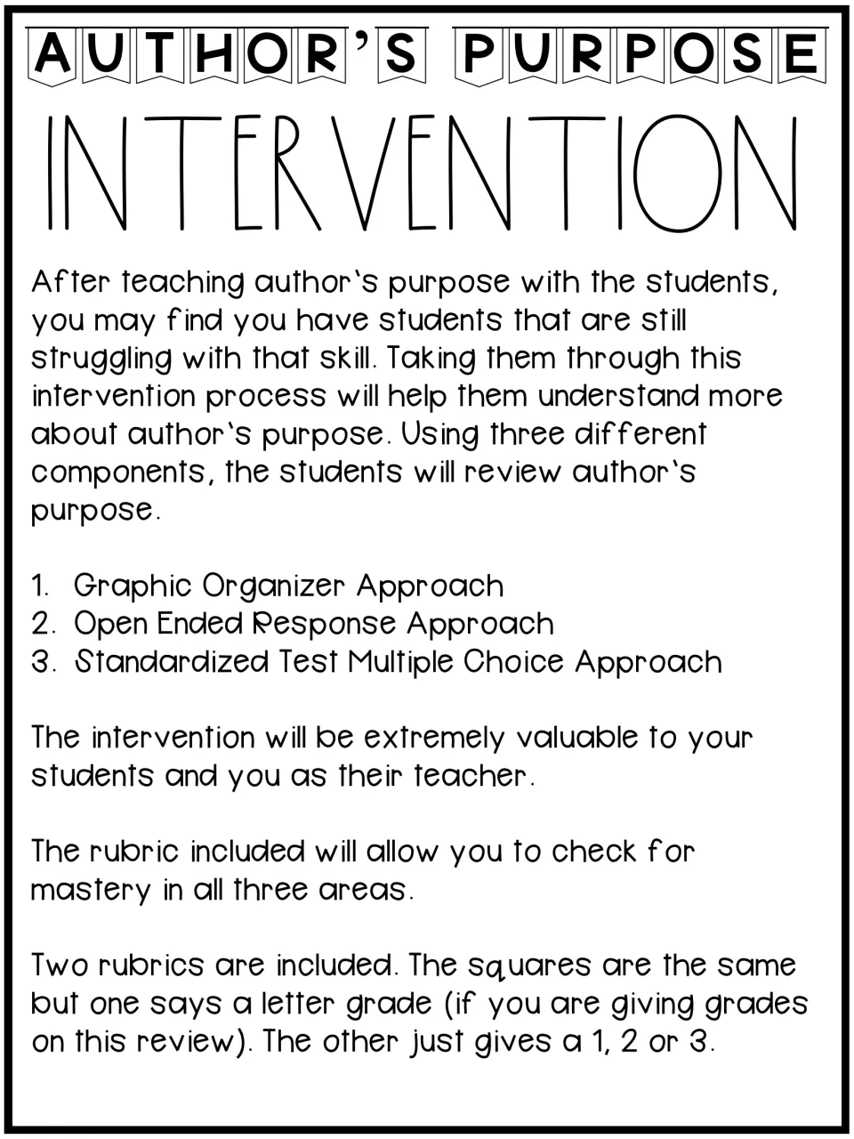 Author's purpose intervention guide explains graphic organizer, open-ended, and multiple-choice approaches