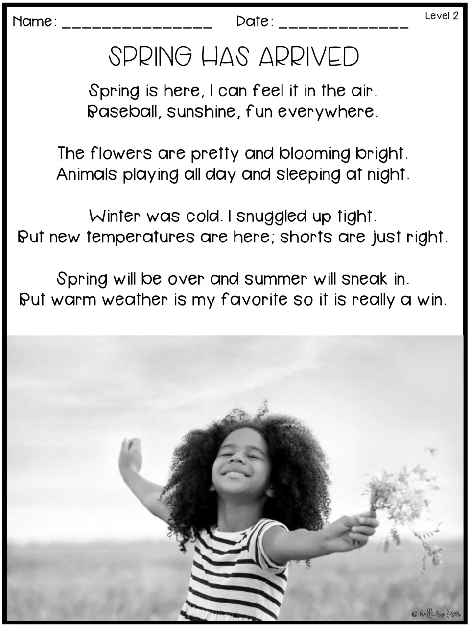 Level 2 reading passage, 'Spring Has Arrived,' is a four-stanza poem using 'pretty,' 'sleeping,' and 'snuggled'