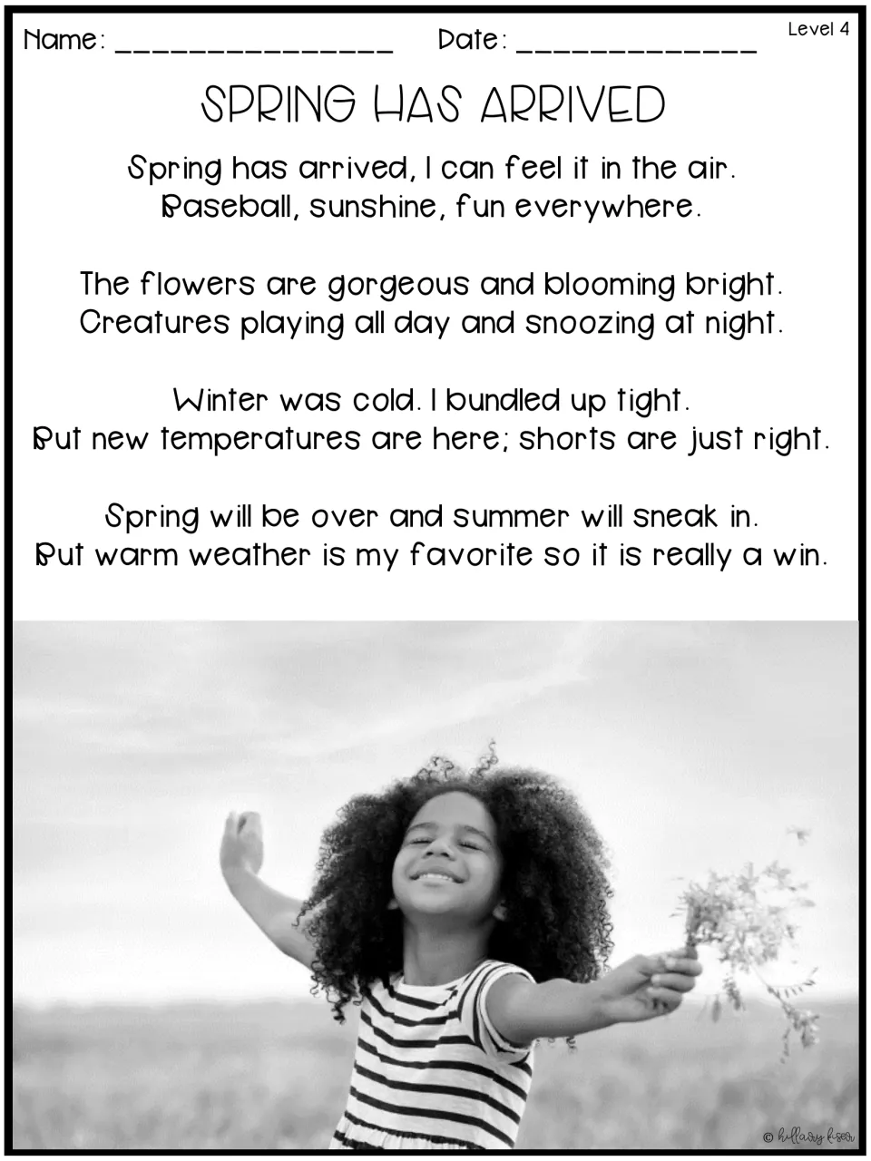 Level 4 reading passage, 'Spring Has Arrived,' uses 'gorgeous,' 'creatures,' and 'snoozing' in four stanzas