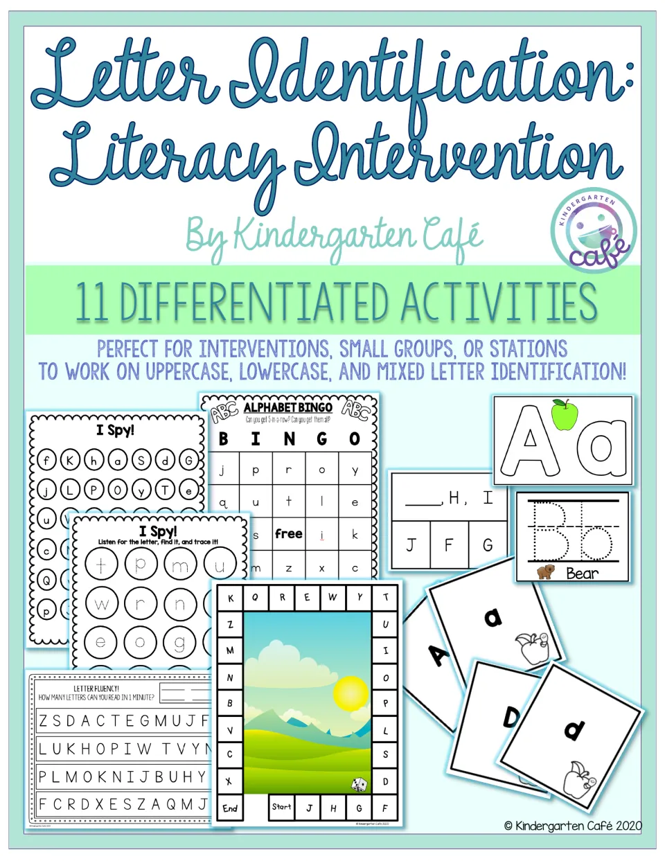 Letter Identification cover: 11 differentiated activities, with I Spy, bingo, board game and letter fluency pages shown