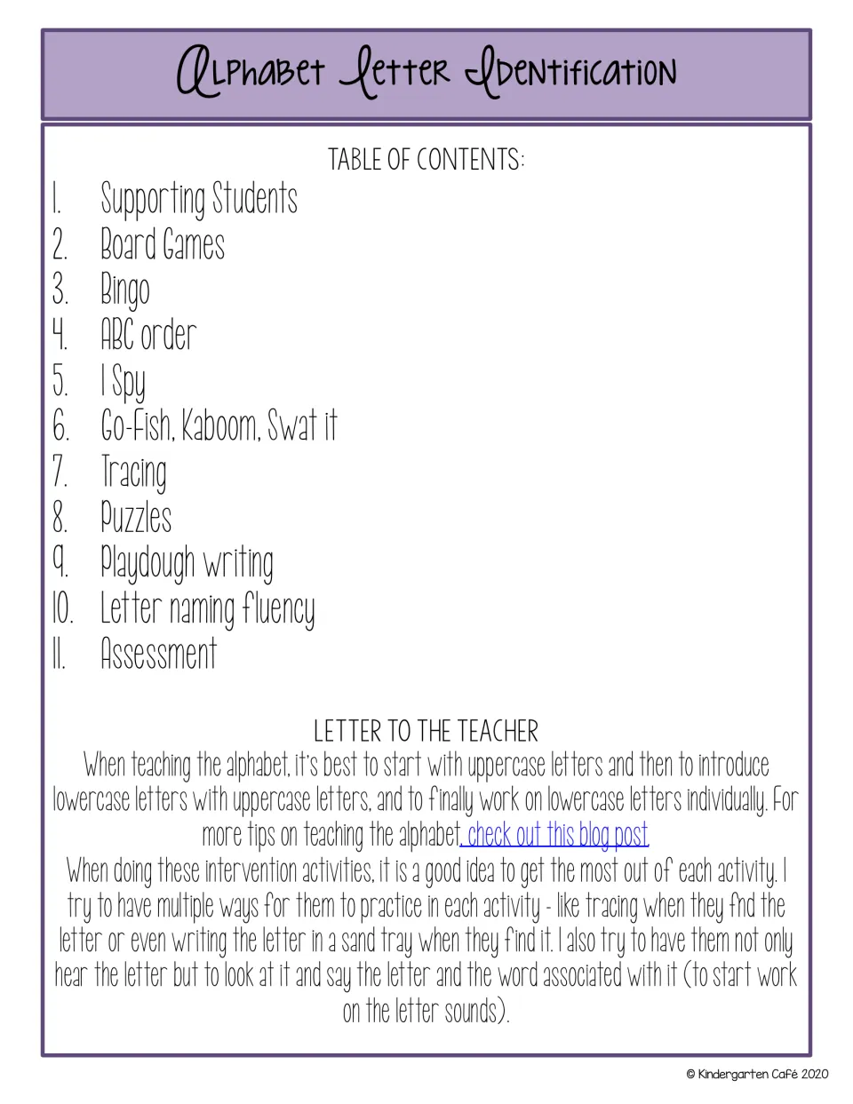 Table of contents listing 11 alphabet activities from board games to assessment, plus a letter to the teacher