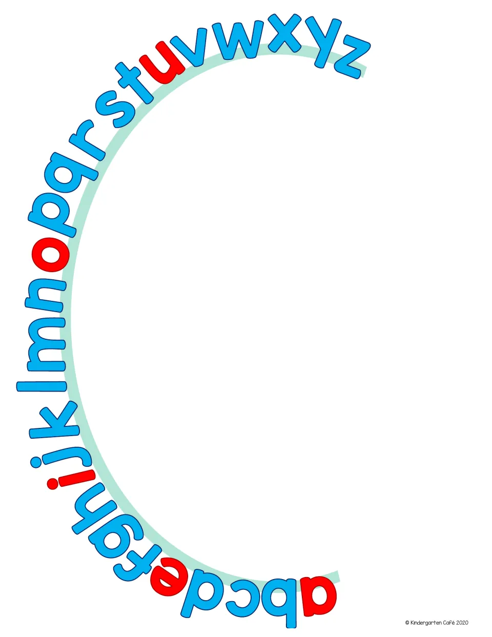 Lowercase alphabet arc a to z with vowels a, e, i, o and u in red, for matching lowercase magnetic letters