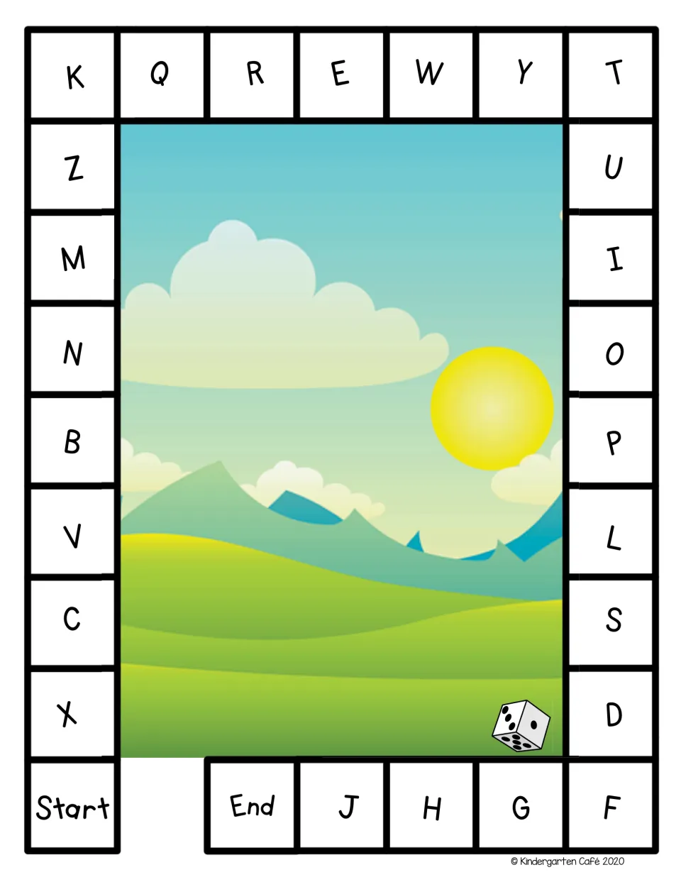 Letter board game with a sunny hills scene: players move from Start and name capitals K, Q, R, E, W on the way to End