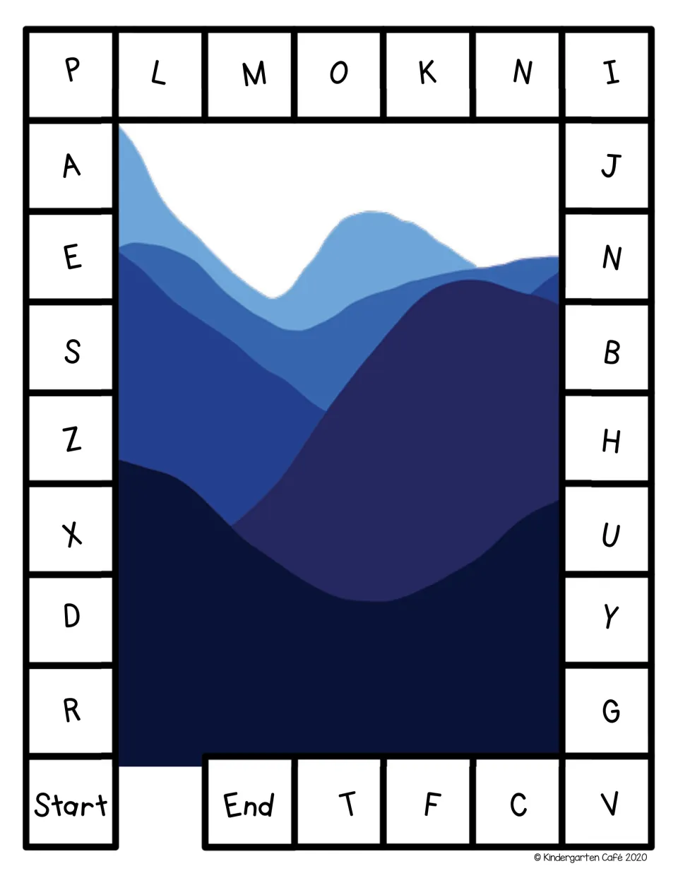 Letter board game with a blue mountains scene: students move from Start and name capitals P, L, M, O, K along the path