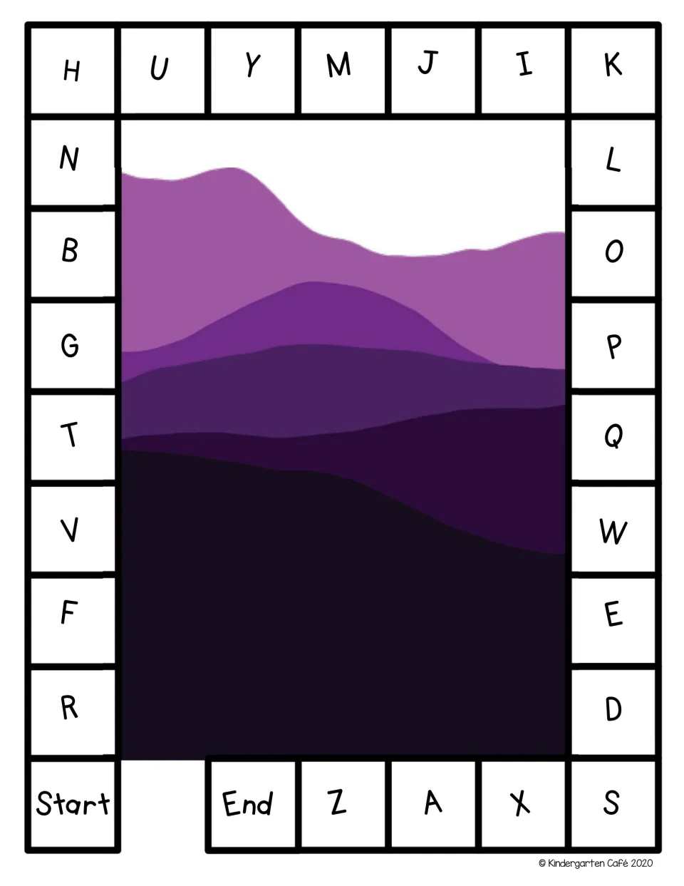 Letter board game with purple hills: players move from Start, naming capitals H, U, Y, M, J until they reach End