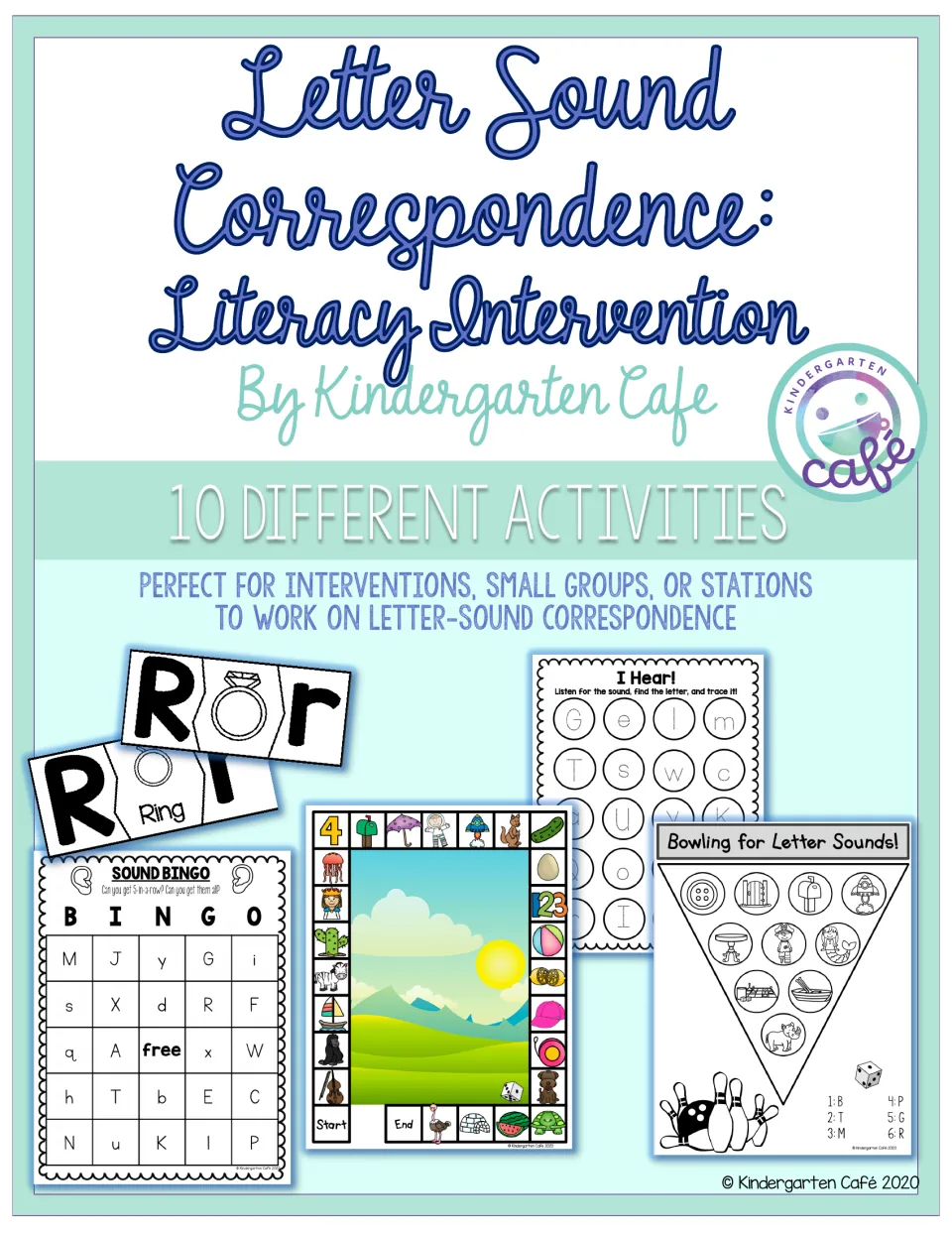 Letter Sound Correspondence cover by Kindergarten Cafe: 10 activities shown, incl. puzzles, Sound Bingo and a board game