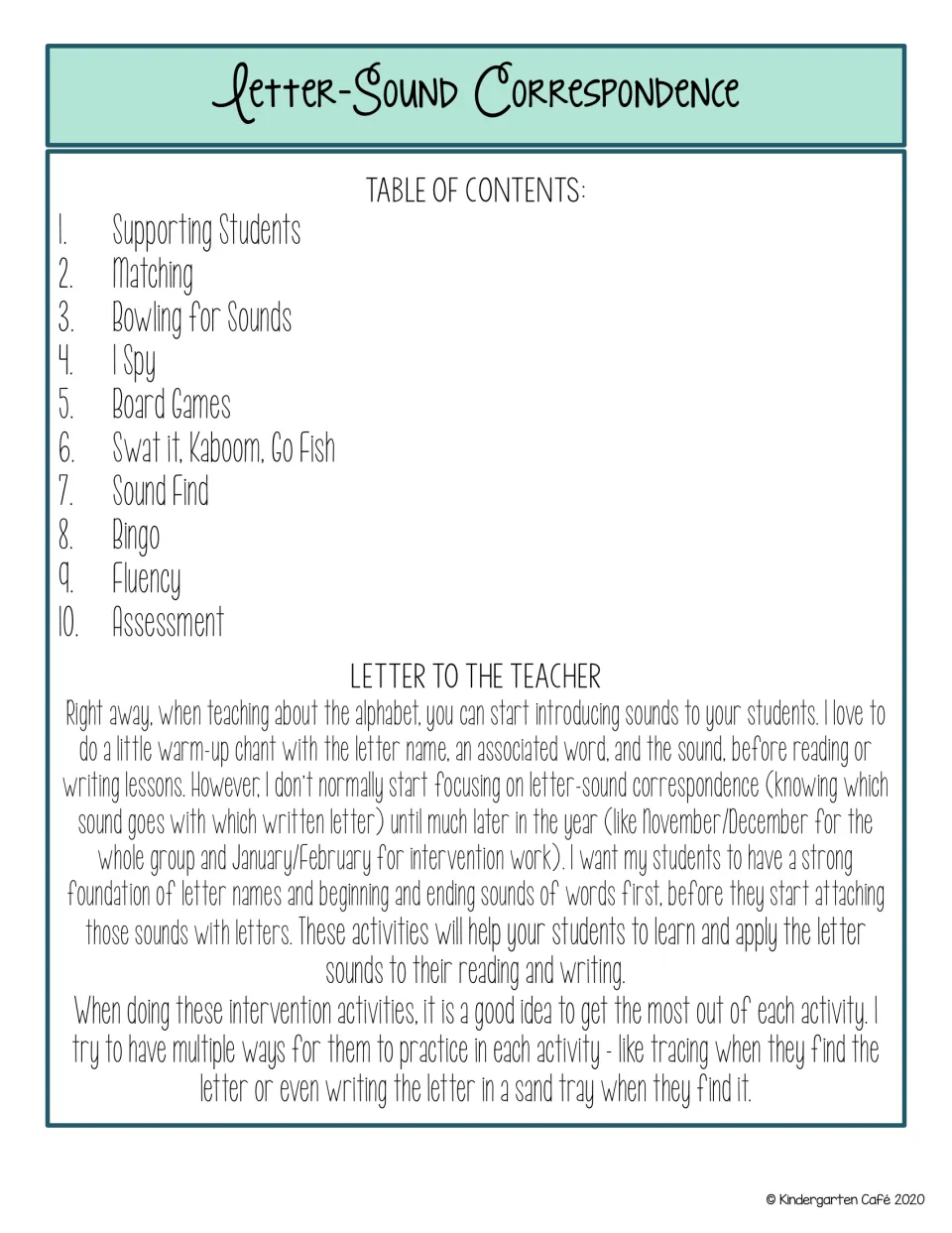 Table of contents listing 10 letter-sound sections from Supporting Students to Assessment, plus a letter to the teacher